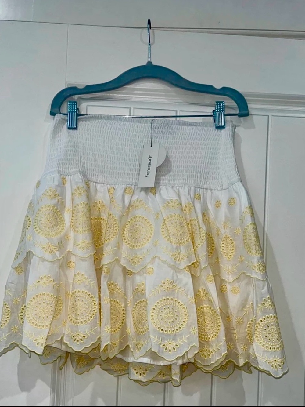 Francesca's White and Yellow Eyelet Tiered A-Line Skirt